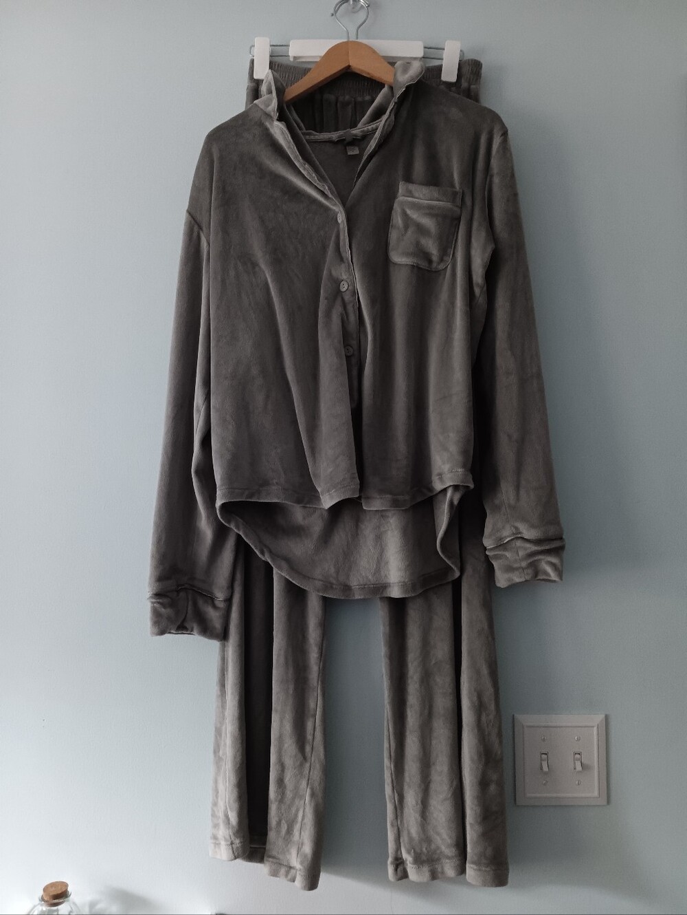 SKIMS Gray Velour Pajama Set Long Sleeve Top Wide Leg Pants M